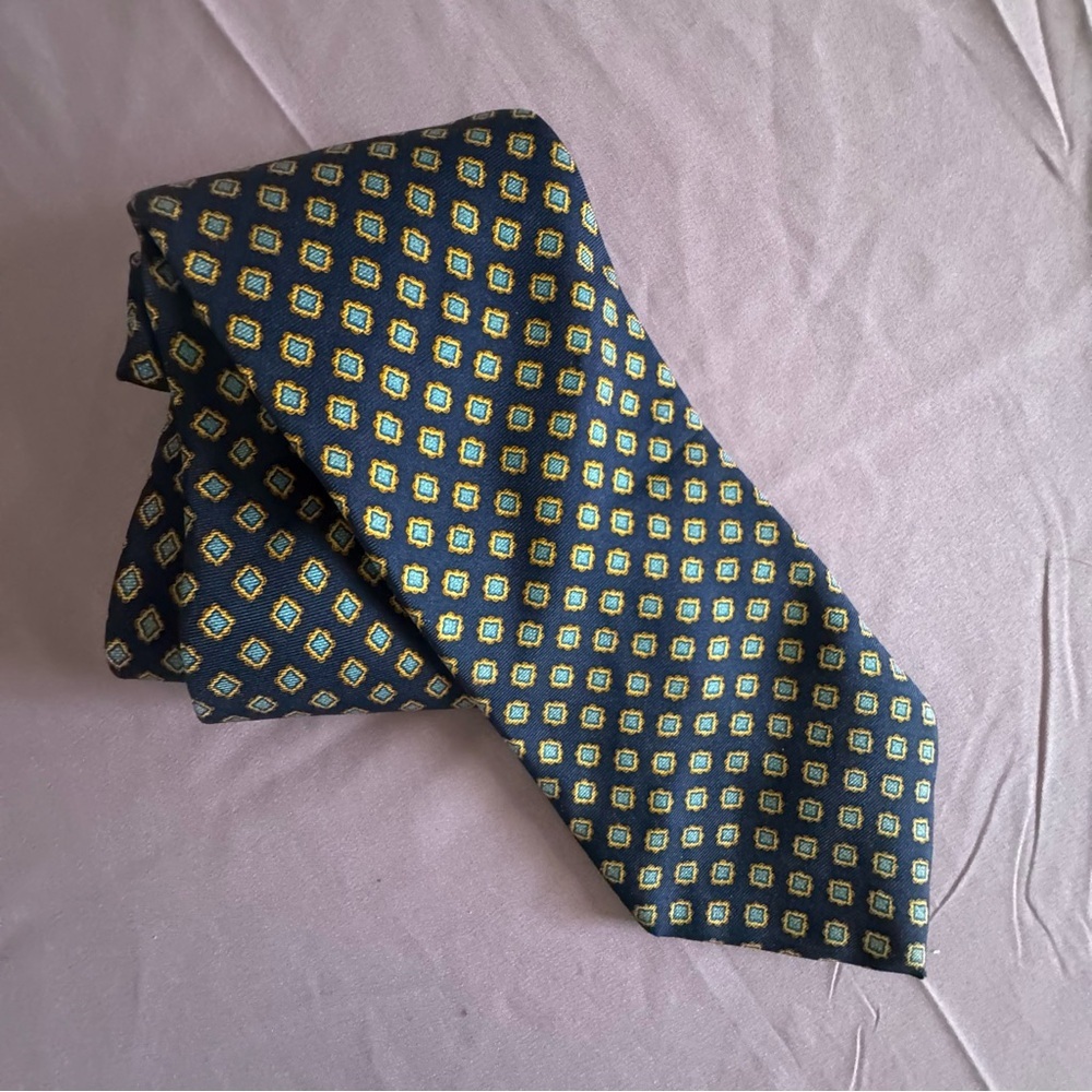 Brooks Brothers Navy Silk Tie with Yellow and Light Blue Geometric Motif